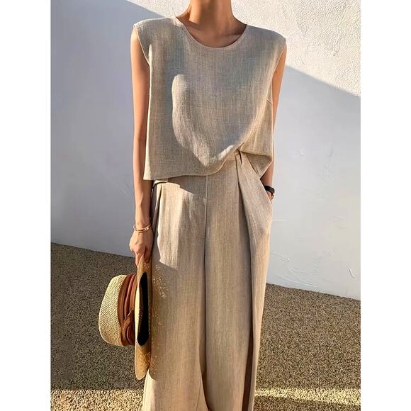 Casual Two Piece Sleeveless Crew Neck Pleated Pant Set Khaki12